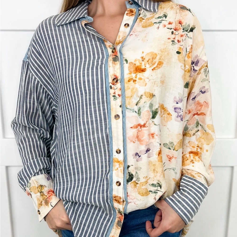 Striped and Floral Button-Down Shirt